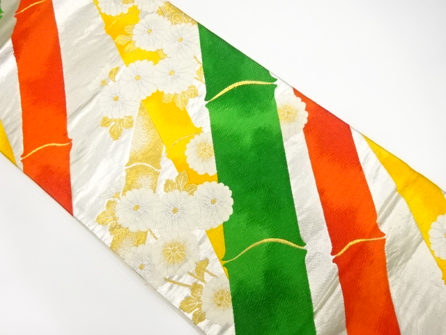 JAPANESE KIMONO / ANTIQUE FUKURO OBI / SILK / WOVEN BAMBOO & KIKU